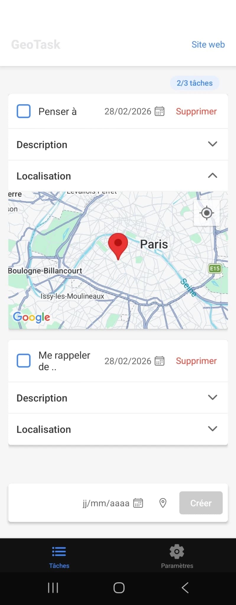 L'écran principal de GeoTask : deux tâches datées, celle du haut dépliée sur une carte de Paris où un point est posé.