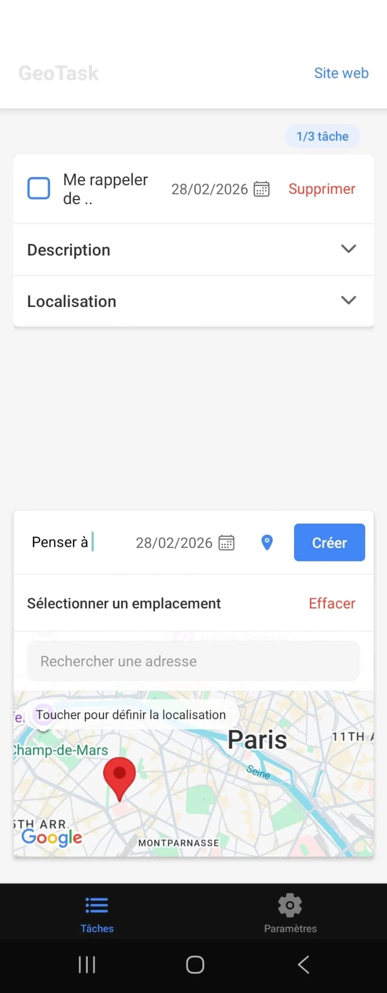Création d'une tâche dans GeoTask : un champ de titre, une date, un champ de recherche d'adresse et une carte à toucher pour poser le point.