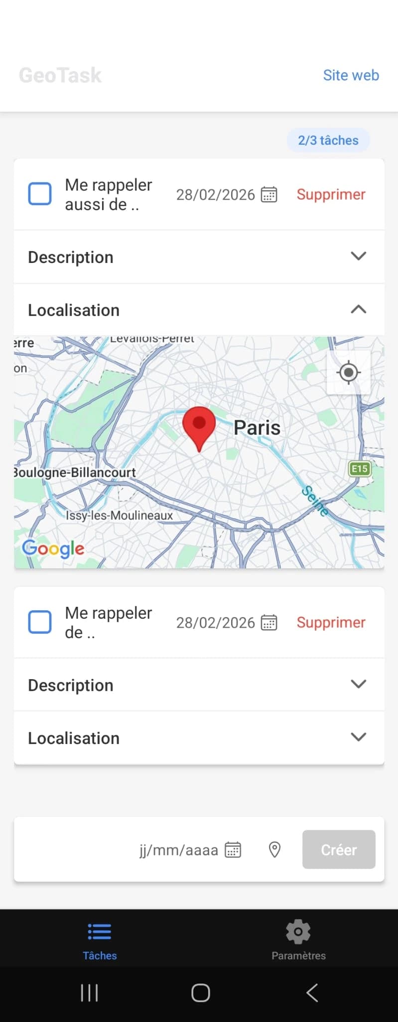 Une liste GeoTask de plusieurs tâches, l'une d'elles dépliée sur sa carte.
